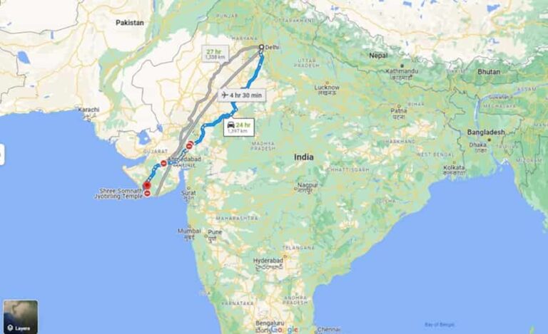 Somnath Temple Route Map with Distance from Major Cities